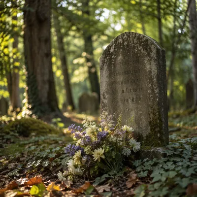 Peaceful Headstone with Wildflowers in Cemetery
