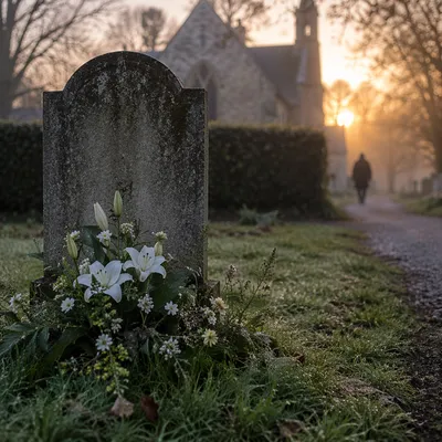 Peaceful Churchyard Headstone with White Lilies
