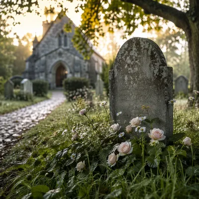 Peaceful Churchyard Headstone with Morning Flowers