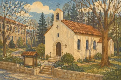 Quiet Hospital Chapel Beside Wooded Campus
