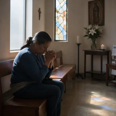 Woman Praying Alone in Hospital Chapel