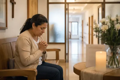 Woman Praying in Quiet Hospital Chapel
