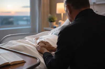 Chaplain Praying Beside Hospital Patient at Dawn