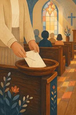 Cheerful Giver Placing Envelope in Offering Plate