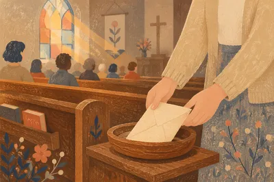 Cheerful Giver Placing Envelope in Offering Plate