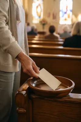 Cheerful Giver Placing Envelope in Offering Plate