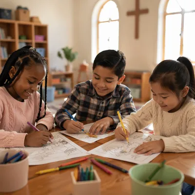 Children Coloring Together in Sunny Classroom