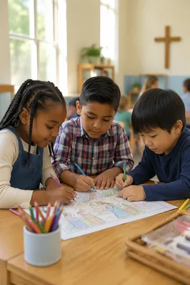 Children Coloring Together in Bright Classroom
