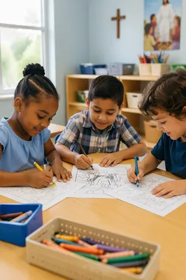Children Coloring Activity Page in Classroom