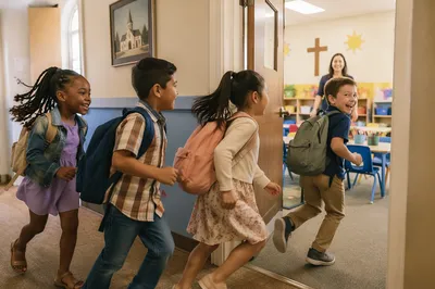Children Running to Bright Classroom Hallway