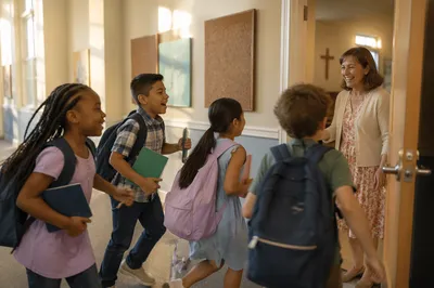 Excited Children Entering Sunday School Classroom