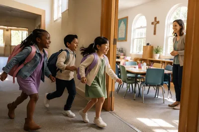 Children Running to Bright Classroom Hallway