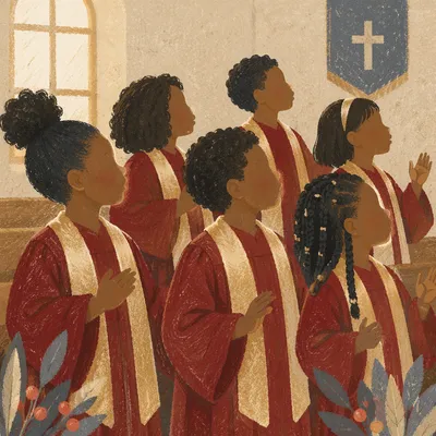 Children Singing in Crimson Choir Robes