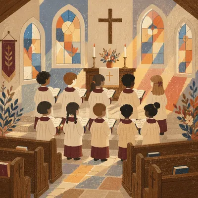 Children Singing in Burgundy Choir Robes