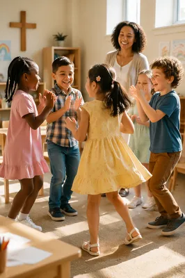 Joyful Children Dancing in Church Classroom
