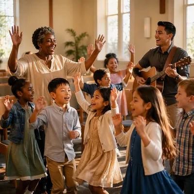 Joyful Children Worship in Sunlit Church Hall