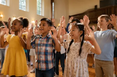Joyful Children Singing in Modern Church Hall
