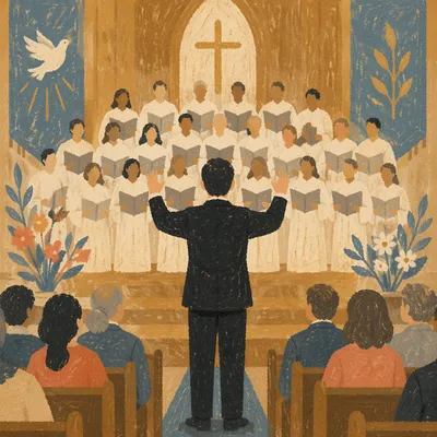 Church Choir in White Robes Led by Conductor