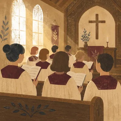 Reverent Church Choir in Burgundy Robes