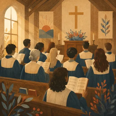 Church Choir Singing in Warm Wooden Sanctuary