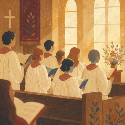 Church Choir Singing in Warm Wooden Sanctuary