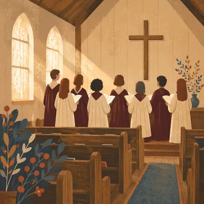 Church Choir in Burgundy Robes Singing