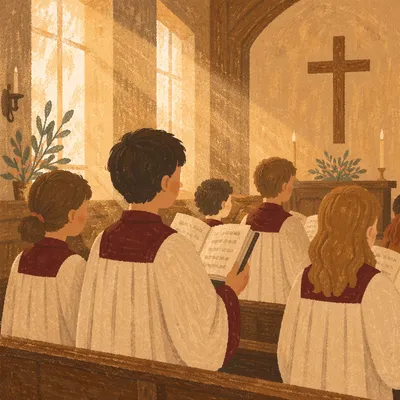 Church Choir Singing in Burgundy Robes
