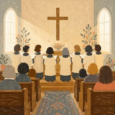 Church Choir Singing Before Wooden Cross