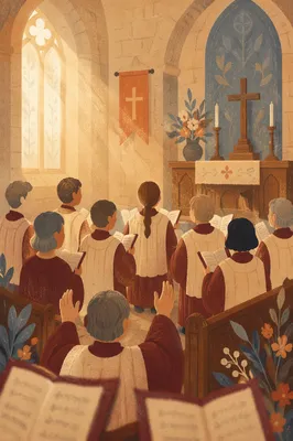 Reverent Church Choir in Burgundy Robes