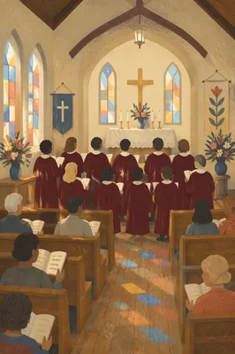 Church Choir Singing in Burgundy Robes