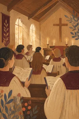 Church Choir Singing in Candlelit Wooden Chapel