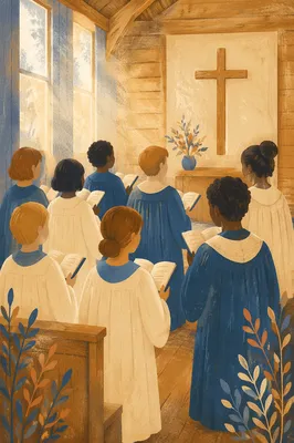 Reverent Church Choir in Blue Robes