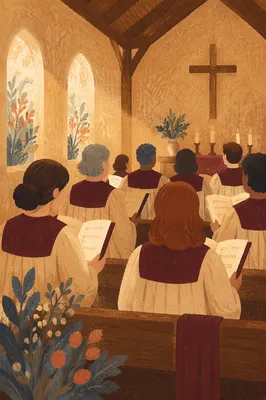 Reverent Church Choir in Burgundy Robes