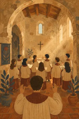 Church Choir Singing in Rustic Chapel