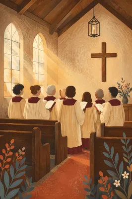 Church Choir Singing in Burgundy Robes