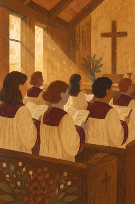 Church Choir Singing in Burgundy Robes