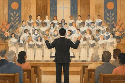 Church Choir Led by Conductor in Sanctuary