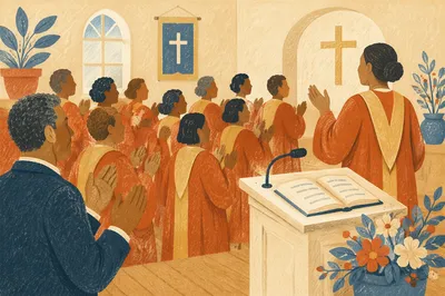 Joyful Church Choir in Rust Robes