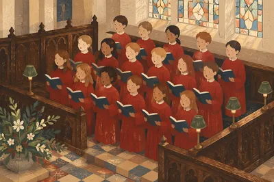 Youth Choir Singing in Red Church Robes