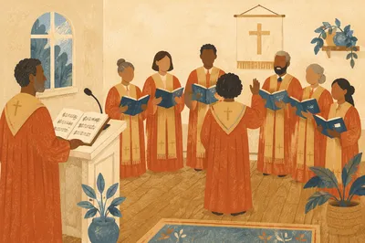 Church Choir Rehearsal in Red Orange Robes