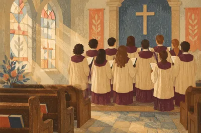 Reverent Church Choir in Burgundy Robes