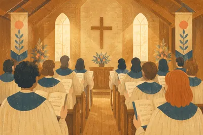 Reverent Church Choir Singing in Wooden Chapel