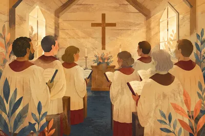 Reverent Church Choir in Burgundy Robes