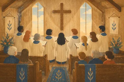 Reverent Church Choir Singing in Wooden Chapel