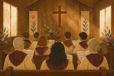 Reverent Church Choir in Burgundy Robes