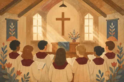 Reverent Church Choir in Burgundy Robes