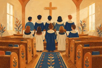 Choir in Robes Singing in Wooden Church
