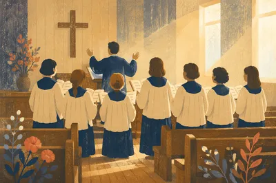 Reverent Church Choir in Robes Singing