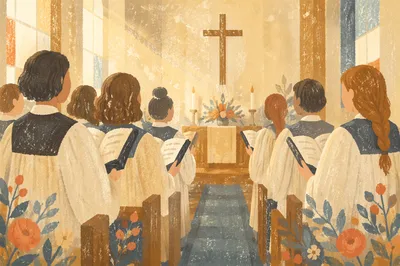 Reverent Church Choir Singing in Robes