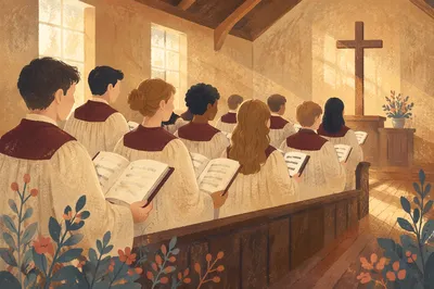 Church Choir Singing in Warm Chapel Light